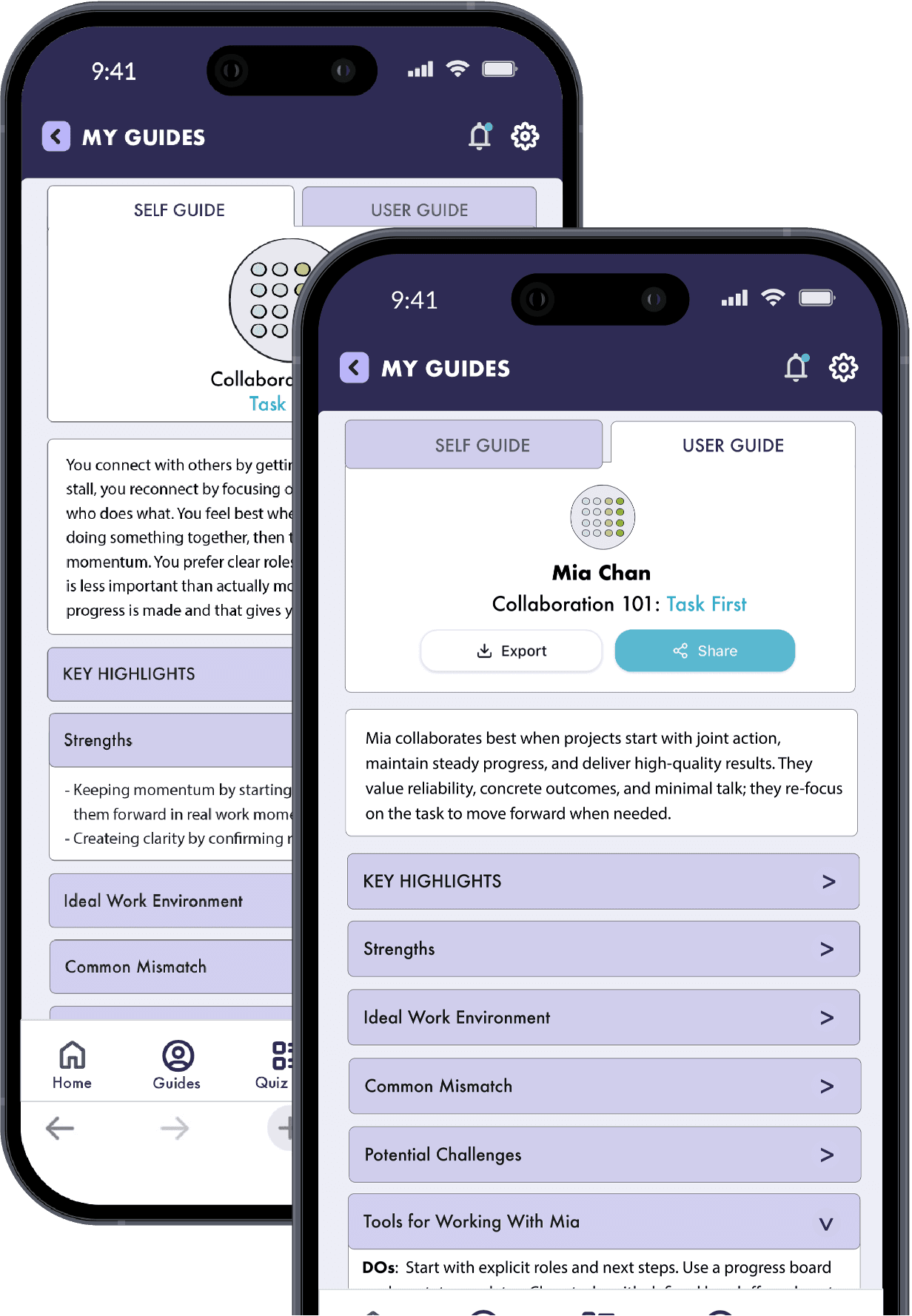 Two phones showing the Self Guide and User Guide tabs with collaboration insights