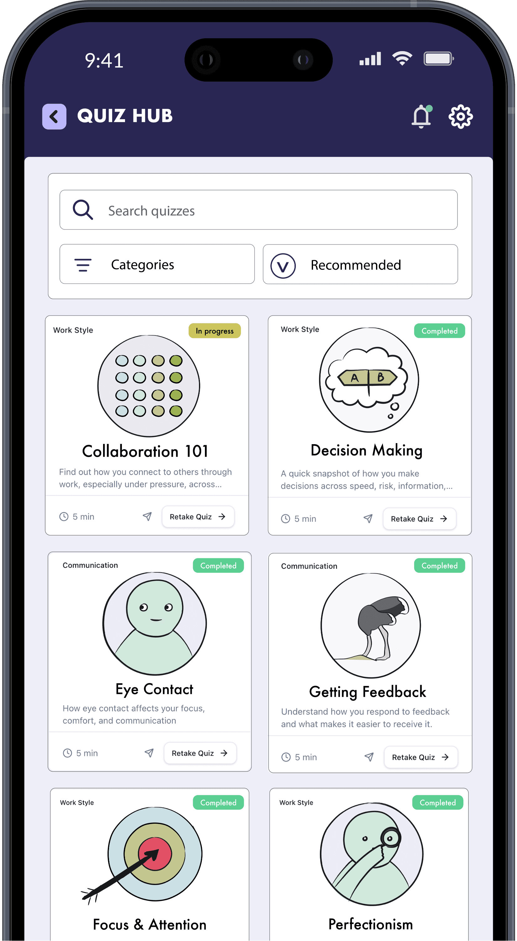 NaviGuide quiz hub showing real-world quizzes