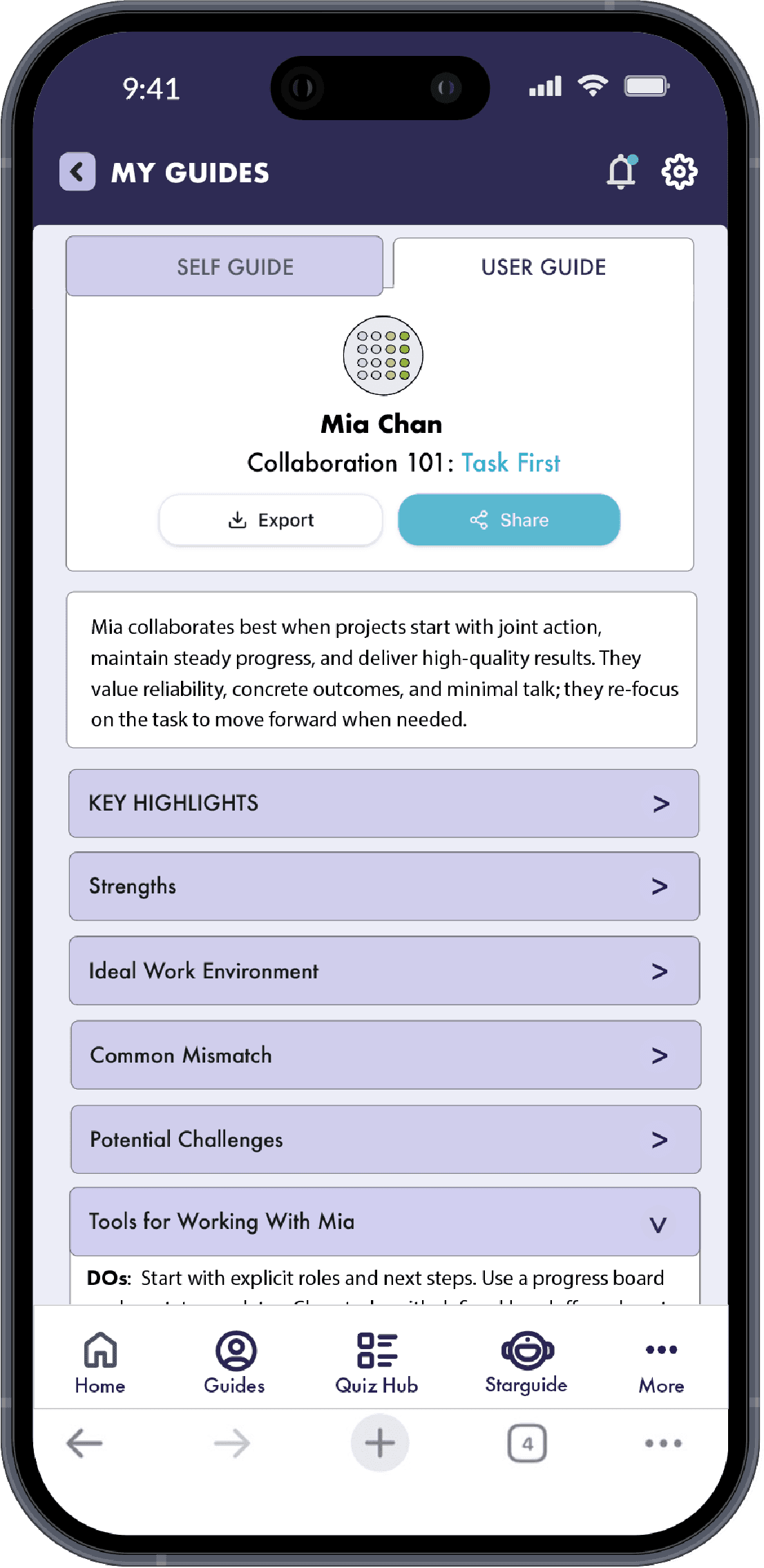 NaviGuide User Guide screen showing practical tools