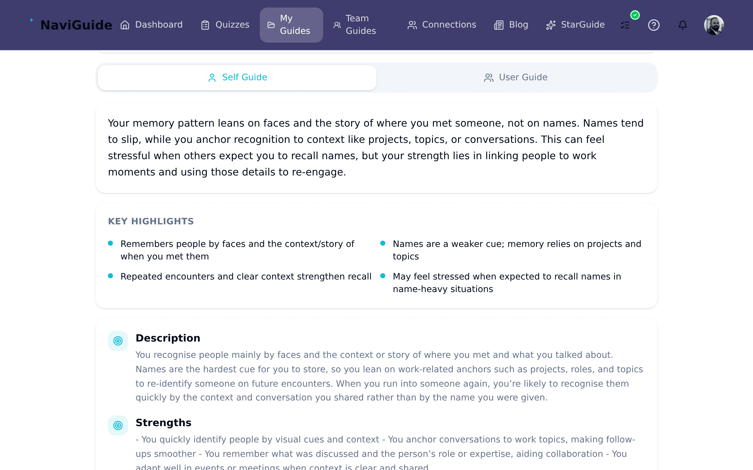 Screenshot of a personal guide profile page