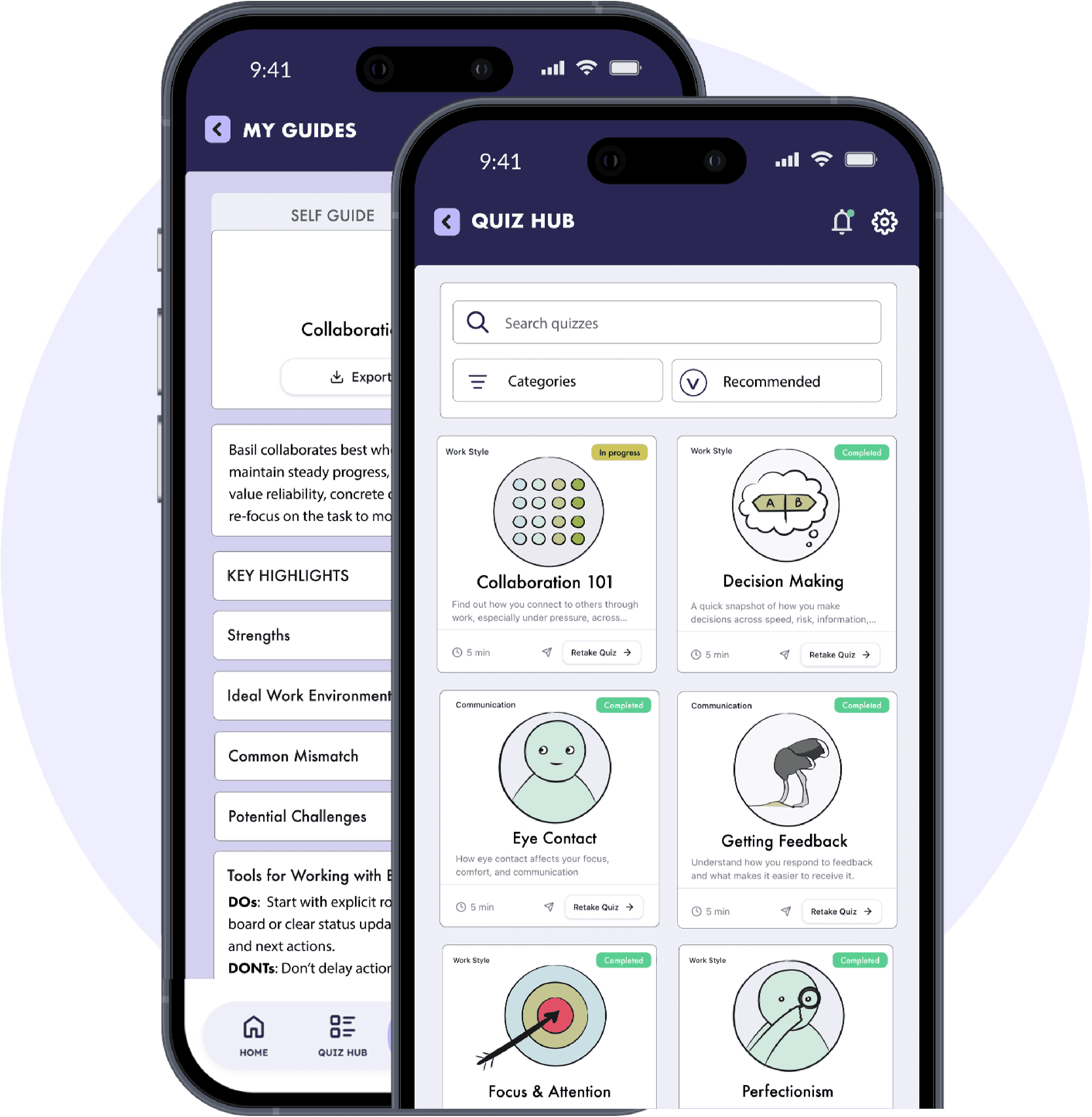 NaviGuide app — My Guides and Quiz Hub screens